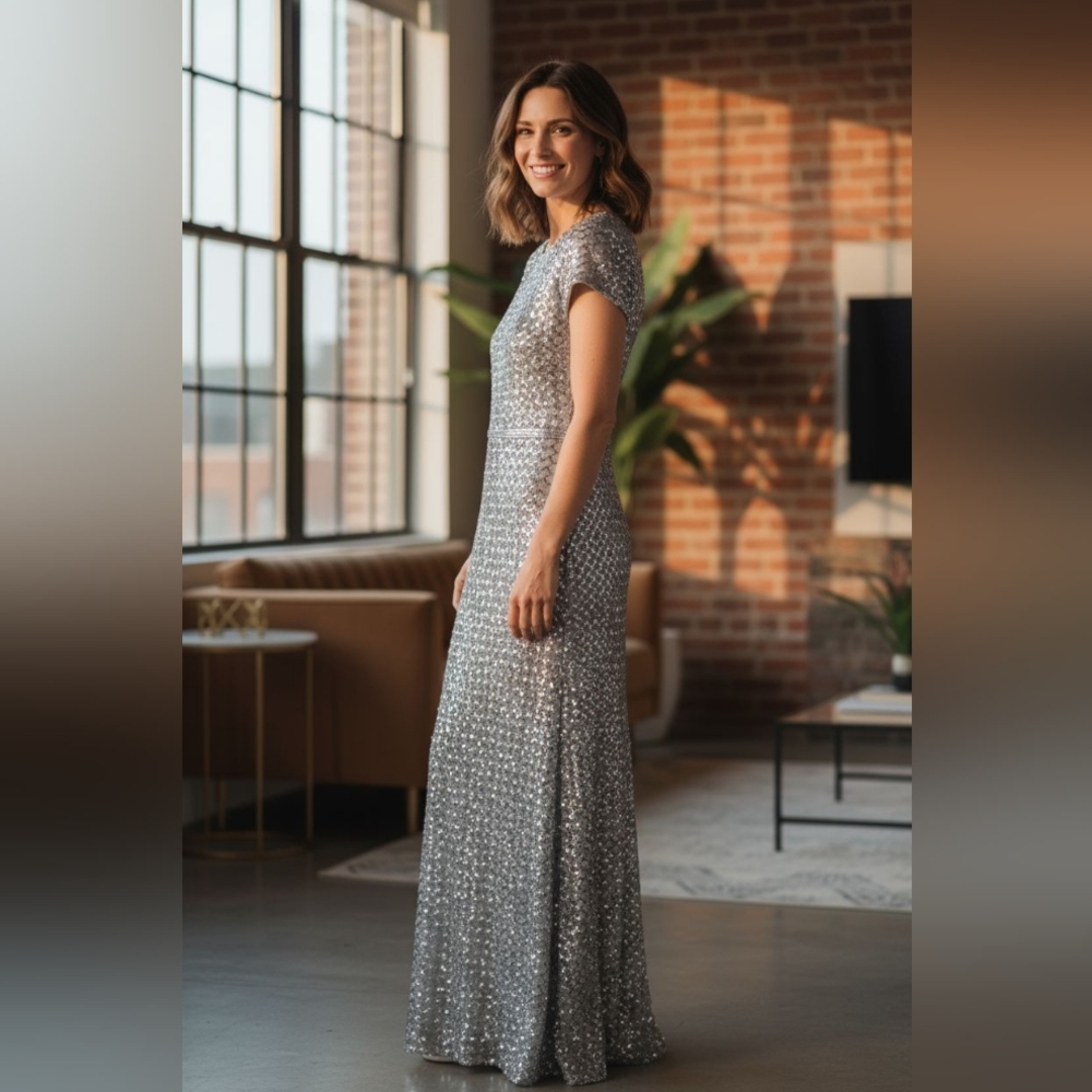 Aqua Shimmering Silver Maxi Dress